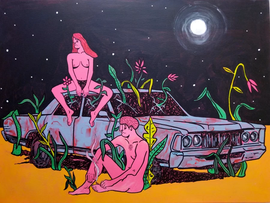 At the old car at night