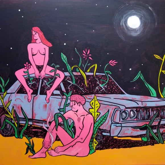 At the old car at night